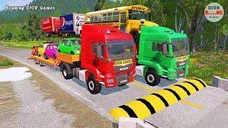 Double Flatbed Trailer Truck cars vs rails tractor vs train cars vs bollards Beamng Drive 616