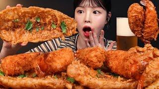 Crispy Jumbo Fish & Chips with Deep Fried Shrimp & Beer Mukbang ASMR