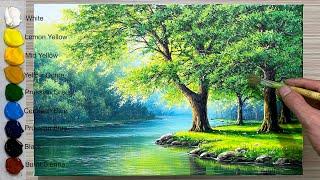 How to draw a green leafy forest / Learn landscape painting / Acrylic paintings.