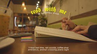 read with me at a café  1 hour real-time, coffee shop ambience, animal crossing bgm, rain sounds