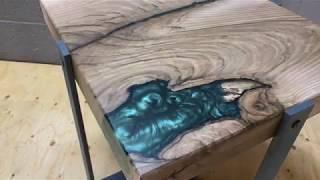 English Walnut Table with Epoxy Resin and Metal Legs