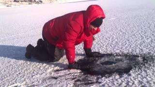 American guy taste raw water from the lake.