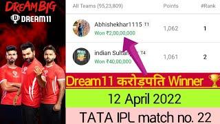 Dream11 करोड़पति Winner /TATA IPL Match no. 22/CSK vs RCB/12 April 2022