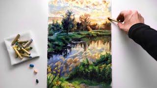 ASMR | Landscape Drawing with Pastels, soothing sounds (No Talking)