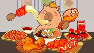 Capybara mukbang animation / ASMR / Cheese Hotdog, Chicken, Octopus Bento, Jajangmyeon / Lazy Capy