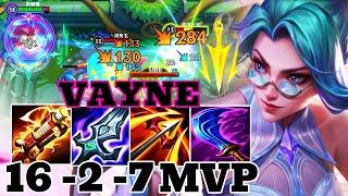 WILD RIFT VAYNE ADC GAMEPLAY | 16 -2 -7 MVP | VAYNE BUILD RUNES