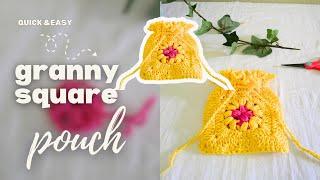 Crochet flower granny square pouch bag tutorial.