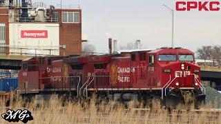 Classic Canadian Power Leads Huge Train Past An Abandoned Yard