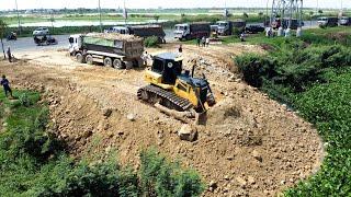 Wow!! Incredible Action Of Shantui Bulldozer And Team Works Dump Trucks Waiting To Loading Soil