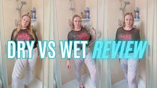 Trying a black t-shirt and white leggings in the shower, dry vs. wet