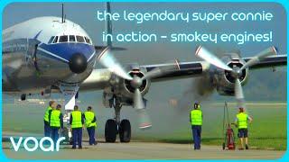 Super Constellation smokey engine startup and takeoff at Altenrhein