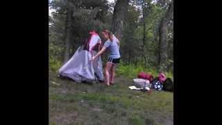 Everything is funnier with Benny Hill: Kate and Katie set up the tent