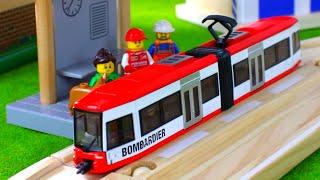 Train video: tram, trains, trucks, cars, fire truck, tow truck, toy vehicles