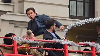 mark walhburg filming a fight scene with kit Harrington on top of red bus in #london