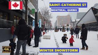 Downtown Montreal Winter Snowstorm | Saint-Catherine Street | Walking Tour (4K)