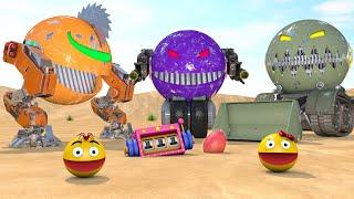 Pacman & Ms. Pacman vs. Biped Saw Robot & Shredder Tank Robot Monsters