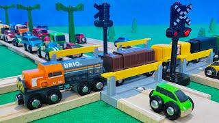 Wooden Trains Railway Crossing: Long Boxcar Cargo Train At Highway Rail Crossing