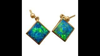 Opal Earrings for Women Green Blue Diamond Shape Stones 14k Yellow Gold | FlashOpal