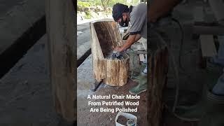 A Natural Chair Made From Petrified Wood Are Being Polished