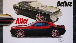 Before and After on the Same Paper! Dodge Challenger RT Car Drawing