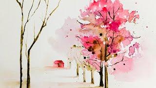 A simple watercolor painting of a beautiful landscape