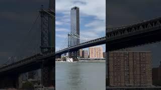 View of the Manhattan Bridge and the Brooklyn Bridge in NYC from Pebble Beach in Dumbo, Brooklyn!