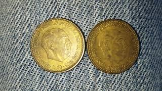 (2) COINS - EACH ARE 1 PESETA - FRANCISCO FRANCO - 1ST PORTRAIT - MINTED IN 1963