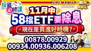 11月中58檔ETF要除息 現在是買進好時機?00878.00929.00934.00936.006208║謝晨彥、鐘崑禎、莊佳螢║2024.11.5