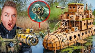 BUILDING A BOX FORT SPY SUBMARINE TO CAPTURE POND MONSTER! (Cardboard Crafts)