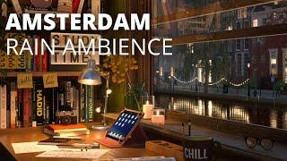 Amsterdam Study Room Ambience with Water Canal View and Relaxing Light Rain Sounds / 8 HOURS