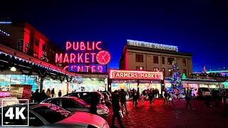 Christmas at Pike Place Market & Downtown Seattle Waterfront at Night | 4K Seattle Walking Tour