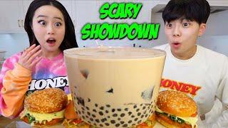 Giant BOBA MILK TEA + GRASS JELLY & FRIED CHICKEN SANDWICHES MUKBANG