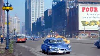 Chicago 1950s in color, Street Scene [60fps,Remastered] w/sound design added