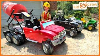 Pouring concrete with kids ride on cement mixer, construction trucks & toys. Educational | Kid Crew