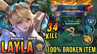 SAVAGE & MANIAK!! 34 Build dan Emblem One Hit Kills Layla!! - Bangun Top 1 Layla Global ~ MLBB