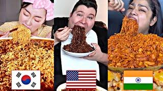 KOREAN VS AMERICAN VS INDIAN! EATING TONS OF NOODLES MUKBANG!