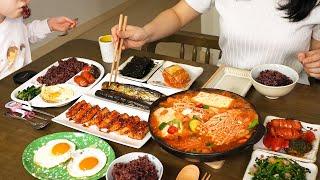 집밥 먹방 :)쏘세지야채볶음, 두부조림 , 순두부찌개, 꽁치구이, 시금치무침. 가족식사.