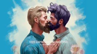 Romantic Time-Lapse Art: Bearded Couple's Tender Moment in a Field of Blooming Flowers