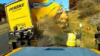 VIDEO: New York truck driver nearly hits road worker before crashing into his equipment