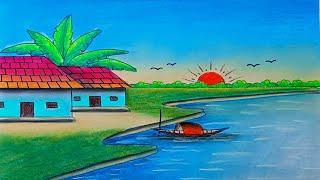 riverside village scenery drawing tutorial / beautiful drawing