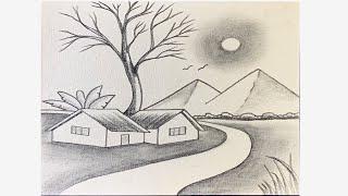 Simple landscape scenery drawing with pencil | you can draw this easily