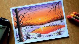 Oil Pastel Nature Scenery Drawing for Beginners / WINTER LAKE / Oil Pastel Sunset Landscape Drawing