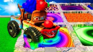 Big & Small Lightning McQueen Vs Tow Mater Vs Monster Truck Dinoco King Vs MEGA PITS in BeamNG