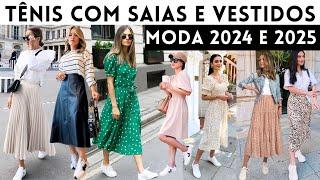 TÊNIS NA MODA: LOOKS ELEGANTES COM SAIAS E VESTIDOS