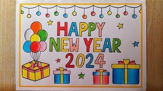 Happy New Year 2024 Drawing easy| Beautiful  New year Card drawing| Happy New Year Special drawing