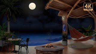 Moonlit Beach House Ambience with Crackling Fire & Ocean Waves. ASMR for Relaxation & Sleep | 4K 