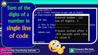 C Program to find Sum of Digits of a Number in single line of code | for loop