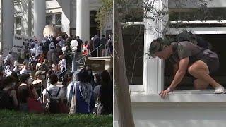 October 7 protesters storm Pomona College, students forced to escape through window