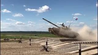 Indian Army T-90 Bhishma flying in Tank Biathlon held in Russia.