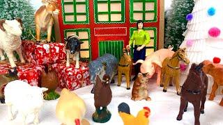 DIY farm diorama, houses for animals, cows, pigs, horses, Christmas time